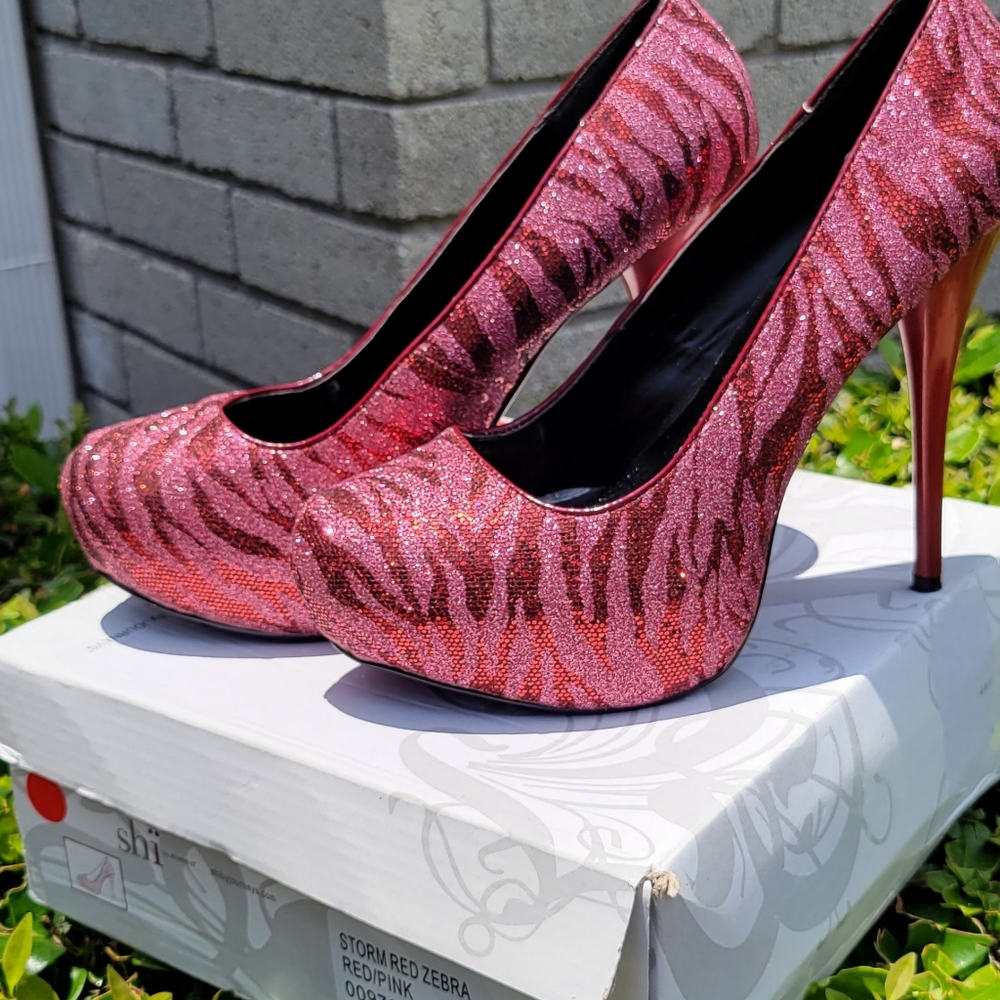 Shi by Journey's red and pink zebra print heels